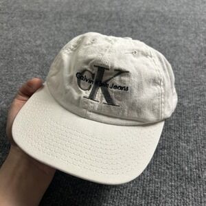 Vintage Calvin Klein Jeans Hat Cap Snap Back One Size White CK Logo youth 90s